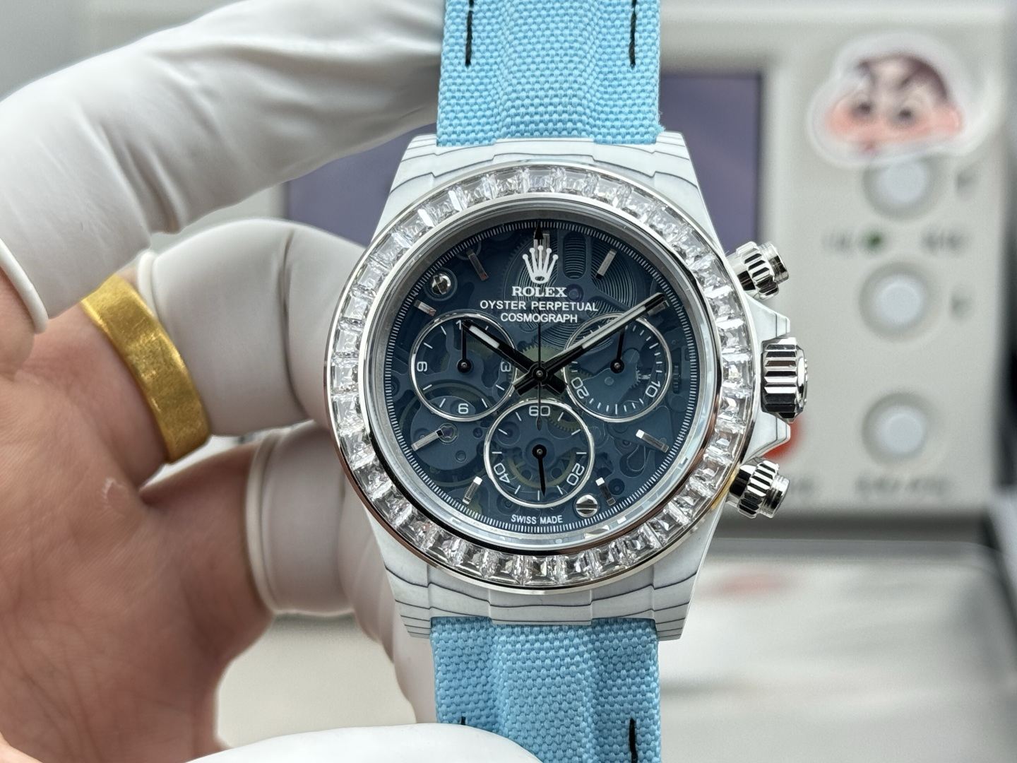 Daytona-style Rolex replica watch with diamond bezel and skeleton dial